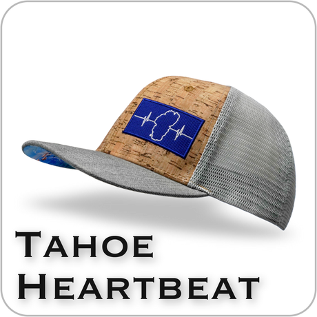 Tahoe flat bill trucker hat with cork fabric and blue heartbeat logo from The Heartbeat Brand