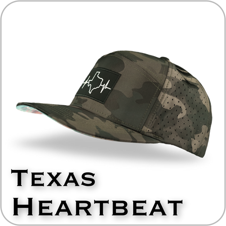 Camo flat bill Texas hat with heartbeat logo by The Heartbeat Brand