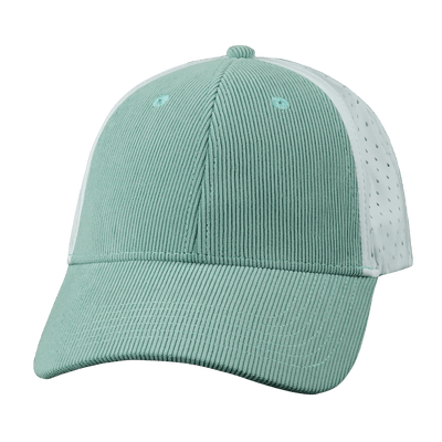 Blank 6 Panel hat — Shallow Fit, Pony Tail, Corduroy, Mint / White, Laser Mesh