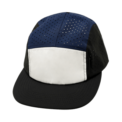 Blank 5 Panel hat — Sporty, Unstructured, Pony Tail, Black / White / Navy, Laser Mesh