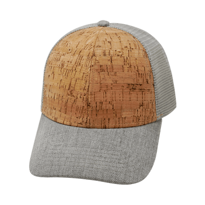 Blank 6 Panel hat — Shallow Fit, Cork, Heather Gray / Gray Trucker Mesh
