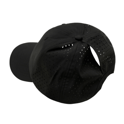 Blank, 6 Panel, Unstructured, Relaxed Fit, Pony Tail, Black (Unisex), Laser Mesh, back view