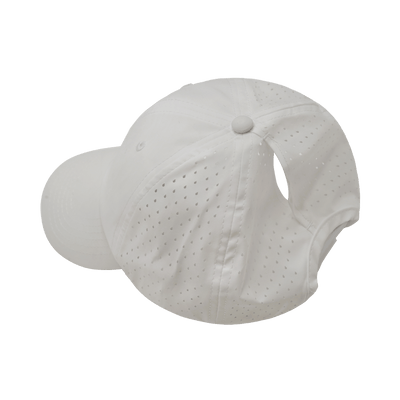 Blank, 6 Panel, Unstructured, Relaxed Fit, Pony Tail, White (Unisex), Laser Mesh, back view