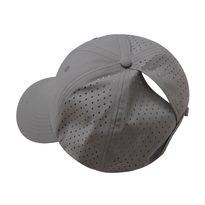 Blank, 6 Panel, Unstructured, Relaxed Fit, Pony Tail, Gray (Unisex), Laser Mesh, underside of the bill