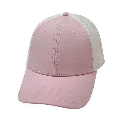 Blank 6 Panel hat — Shallow Fit, Pony Tail, Light Pink / White, Laser Mesh
