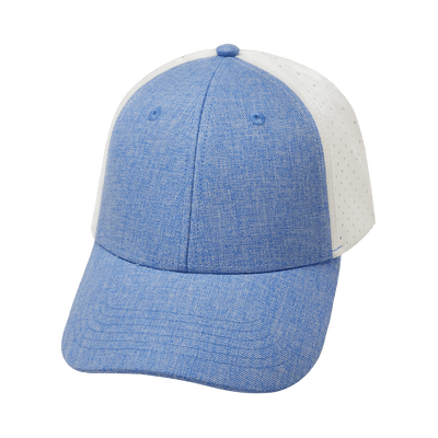 Blank 6 Panel hat — Shallow Fit, Pony Tail, Light Blue / White, Laser Mesh