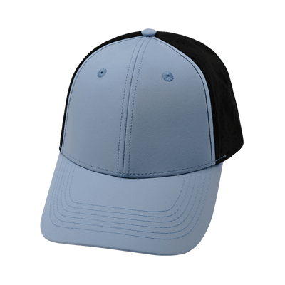 Blank 6 Panel hat — Shallow Fit, Pony Tail, Baby Blue / Black, Laser Mesh