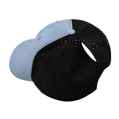 Blank, 6 Panel, Shallow Fit, Pony Tail, Baby Blue / Black (Unisex), Laser Mesh, underside of the bill