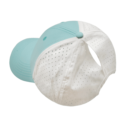 Blank, 6 Panel, Shallow Fit, Pony Tail, Mint Green / White (Unisex), Laser Mesh, underside of the bill