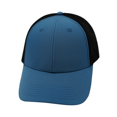 Blank 6 Panel hat — Shallow Fit, Pony Tail, Blue / Black, Laser Mesh