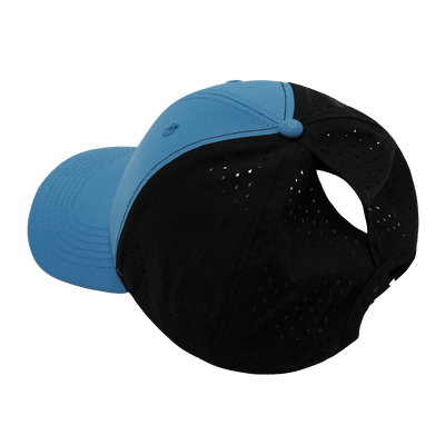 Blank, 6 Panel, Shallow Fit, Pony Tail, Blue / Black (Single · Unisex), Laser Mesh, underside of the bill