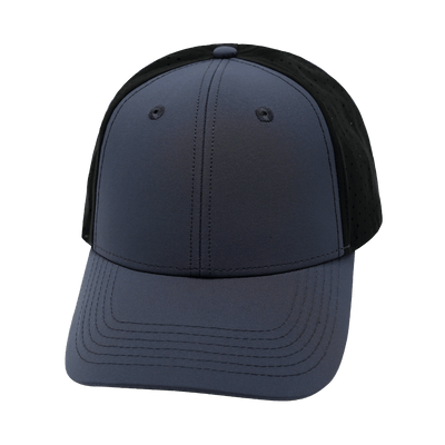 Blank 6 Panel hat — Shallow Fit, Pony Tail, Charcoal / Black, Laser Mesh