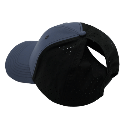 Blank, 6 Panel, Shallow Fit, Pony Tail, Charcoal / Black (Single · Unisex), Laser Mesh, underside of the bill