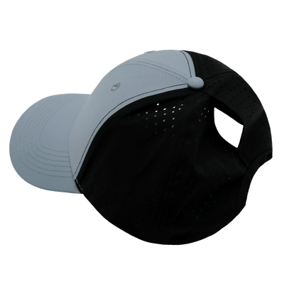 Blank, 6 Panel, Shallow Fit, Pony Tail, Gray Blue / Black (Single · Unisex), Laser Mesh, underside of the bill