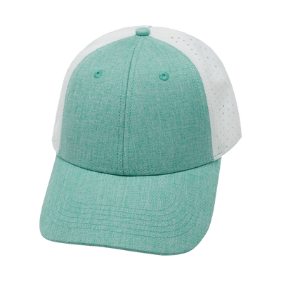Blank 6 Panel hat — Shallow Fit, Pony Tail, Teal / White, Laser Mesh