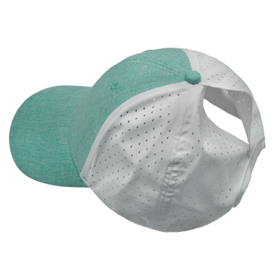 Blank, 6 Panel, Shallow Fit, Pony Tail, Teal / White (Single · Unisex), Laser Mesh, underside of the bill