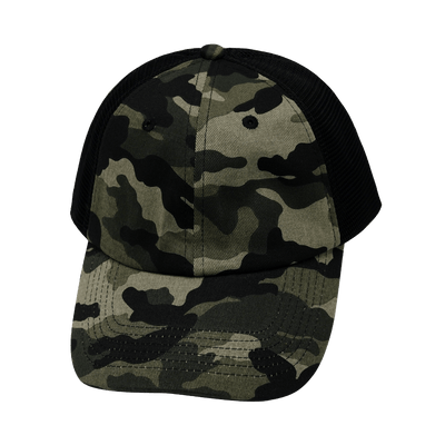 Blank 6 Panel hat — Unstructured, Camo / Black, Laser Mesh