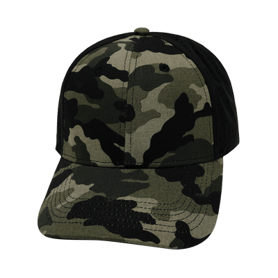 Blank 6 Panel hat — Shallow Fit, Pony Tail, Light Camo / Black, Laser Mesh