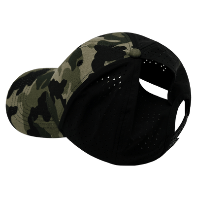 Blank, 6 Panel, Shallow Fit, Pony Tail, Light Camo / Black (Single · Unisex), Laser Mesh, underside of the bill