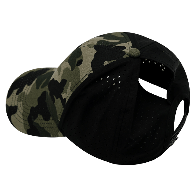 Blank - 6 Panel - Shallow Fit - Pony Tail - Light Camo / Black (Unisex) - Laser Mesh
