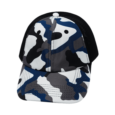 Blank 6 Panel hat — Unstructured, Camo, Cream / Gray / Blue / Black, Soft Trucker Mesh