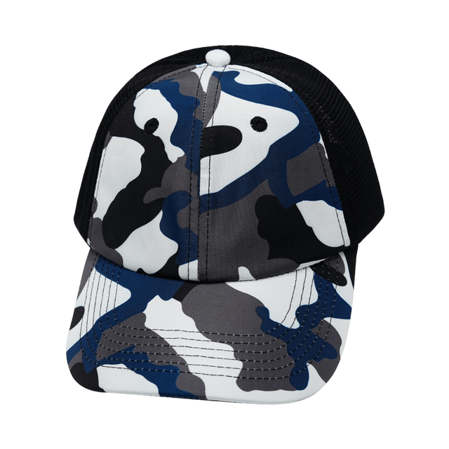 Blank - 6 Panel - Unstructured - Camo - Cream / Gray / Blue / Black (Unisex) - Soft Trucker Mesh