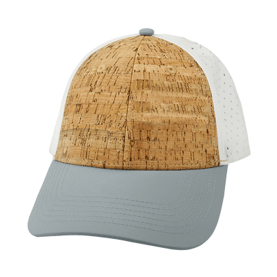 Blank 6 Panel hat — Shallow Fit, Pony Tail, Cork, Gray / White, Laser Mesh