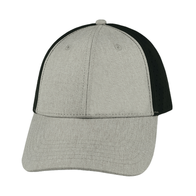 Blank 6 Panel hat — Shallow Fit, Pony Tail, Tan / Black, Laser Mesh