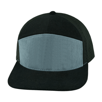 Blank 7 Panel hat — Corduroy, Black / Gray Blue, Laser Mesh