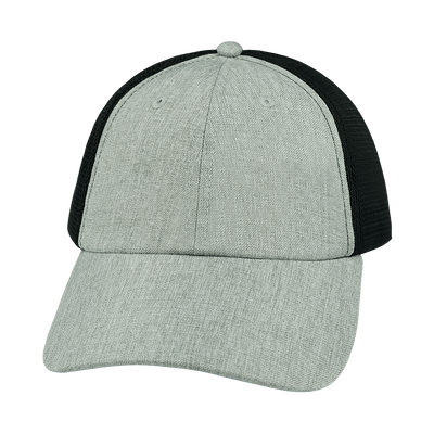 Blank 6 Panel hat — Unstructured, Heather Gray / Black, Soft Trucker Mesh