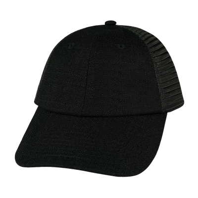 Blank 6 Panel hat — Shallow Fit, Unstructured, Black Hemp / Black, Soft Trucker Mesh