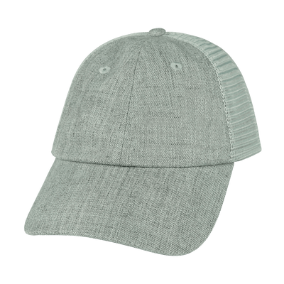 Blank 6 Panel hat — Shallow Fit, Unstructured, Heather Gray / Gray, Soft Trucker Mesh