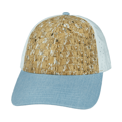 Blank 6 Panel hat — Shallow Fit, Pony Tail, Cork, Baby Blue / White, Laser Mesh