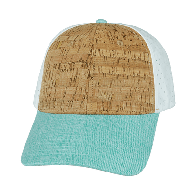 Blank 6 Panel hat — Shallow Fit, Pony Tail, Cork, Mint / White, Laser Mesh