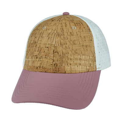 Blank 6 Panel hat — Shallow Fit, Pony Tail, Cork, Dusty Pink / White, Laser Mesh