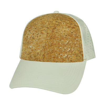 Blank 6 Panel hat — Shallow Fit, Pony Tail, Cork, White, Laser Mesh