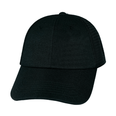 Blank 6 Panel hat — Unstructured, Black Hemp / Black, Soft Trucker Mesh
