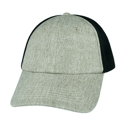 Blank 6 Panel hat — Unstructured, Gray Tan Hemp / Black, Soft Trucker Mesh