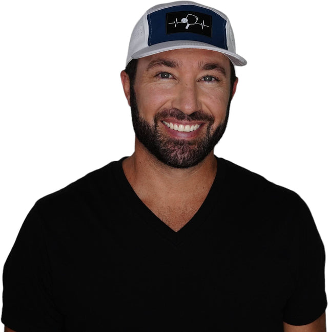 Pickleball Hat, 5 Panel Hat, Strapback, Gray, Navy, White, Mens Hat, Womens Hat, Man in Hat Picture