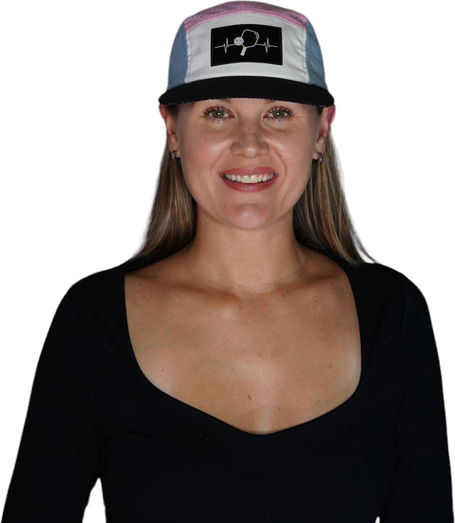 Pickleball Hat, 5 Panel Hat, Strapback, Black, White, Pink, Light Blue, Mens Hat, Womens Hat, Woman In Hat Picture