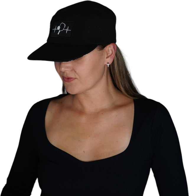 Pickleball Hat, 5 Panel Hat, Strapback, Black, Mens Hat, Womens Hat, Woman In Hat Picture