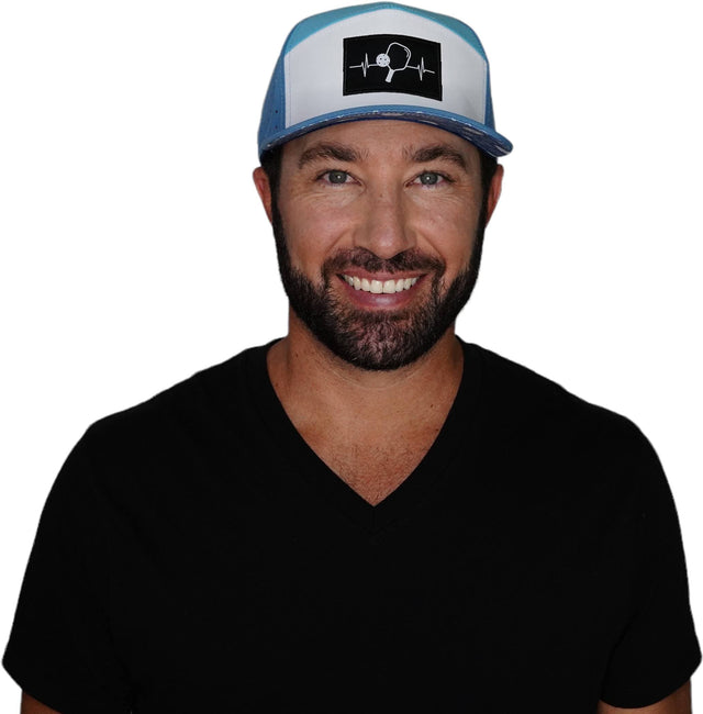 Pickleball Hat, Flat Bill, Snapback Hat, Light Blue, White, Aqua, Mens Hat, Womens Hat, Man in Hat Picture