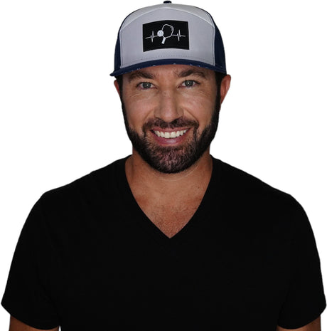 Pickleball Hat, Flat Bill, Snapback Hat, Navy, Gray, Whitee, Mens Hat, Womens Hat, Man in Hat Picture