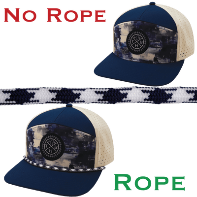 Hat Rope, White / Navy, Aztec (Hat Not Included), shown without and with the hat rope