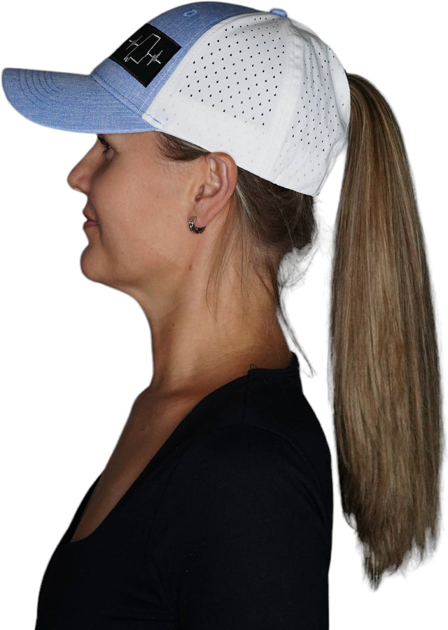 Alabama Hat, Low Profile, Ponytail, Snapback Hat, Light Blue, White, Mens Hat, Womens Hat, Side Woman In Hat Picture