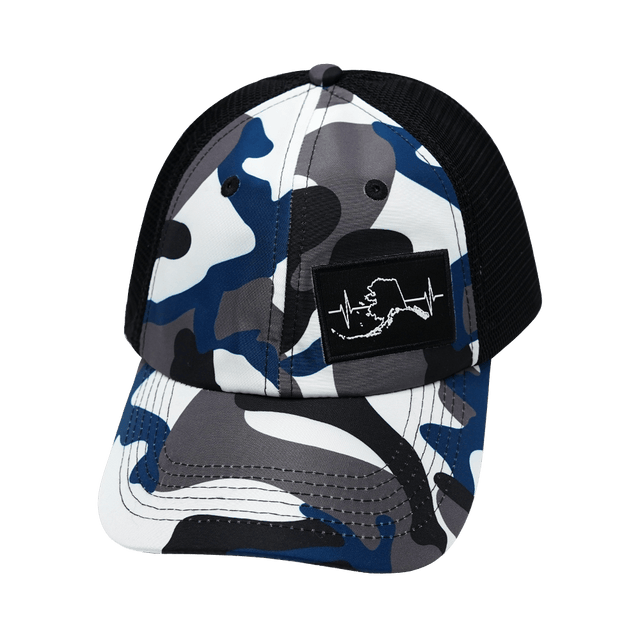 Alaska Hat, Dad Hat, Snapback, Camo, White, Gray, Blue, Black, Mens Hat, Womens Hat, Front Picture
