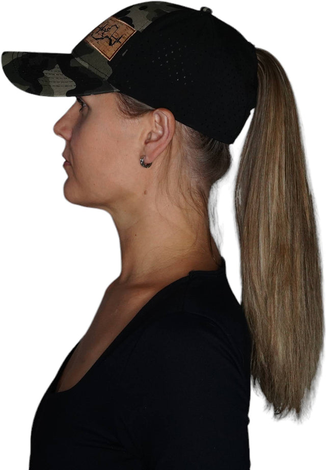 Alaska Hat, Low Profile, Ponytail, Snapback Hat, Camo, Black, Mens Hat, Womens Hat, Side Woman In Hat Picture