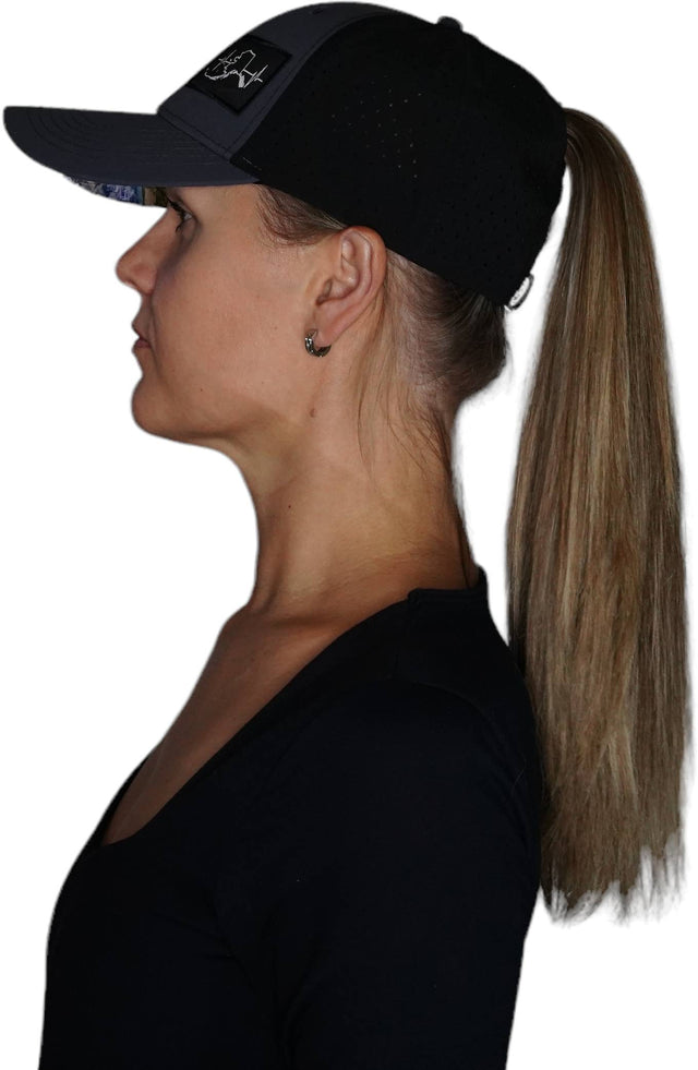 Alaska Hat, Low Profile, Ponytail, Snapback Hat, Charcoal, Black, Mens Hat, Womens Hat, Side Woman In Hat Picture