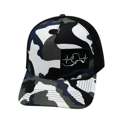 Alaska Hat, Trucker Hat, Snapback Hat, Camo, White, Blue, Gray, Black, Mens Hat, Womens Hat, Front Picture