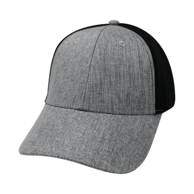 Blank 6 Panel hat — Shallow Fit, Pony Tail, Heather Gray / Black, Laser Mesh